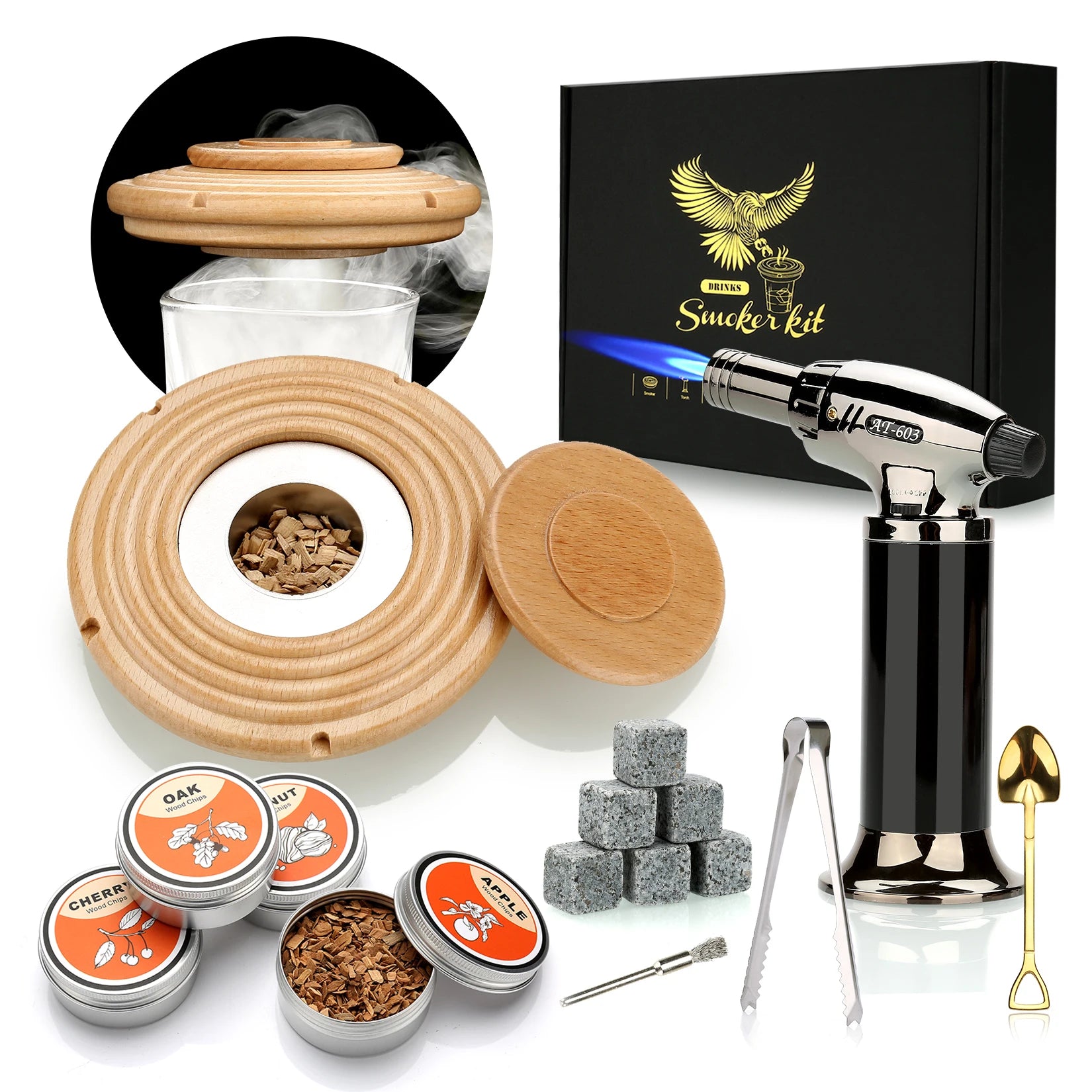 Cocktail Smoker Kit with Torch, Wood Chips, Whiskey Stones & Accessories