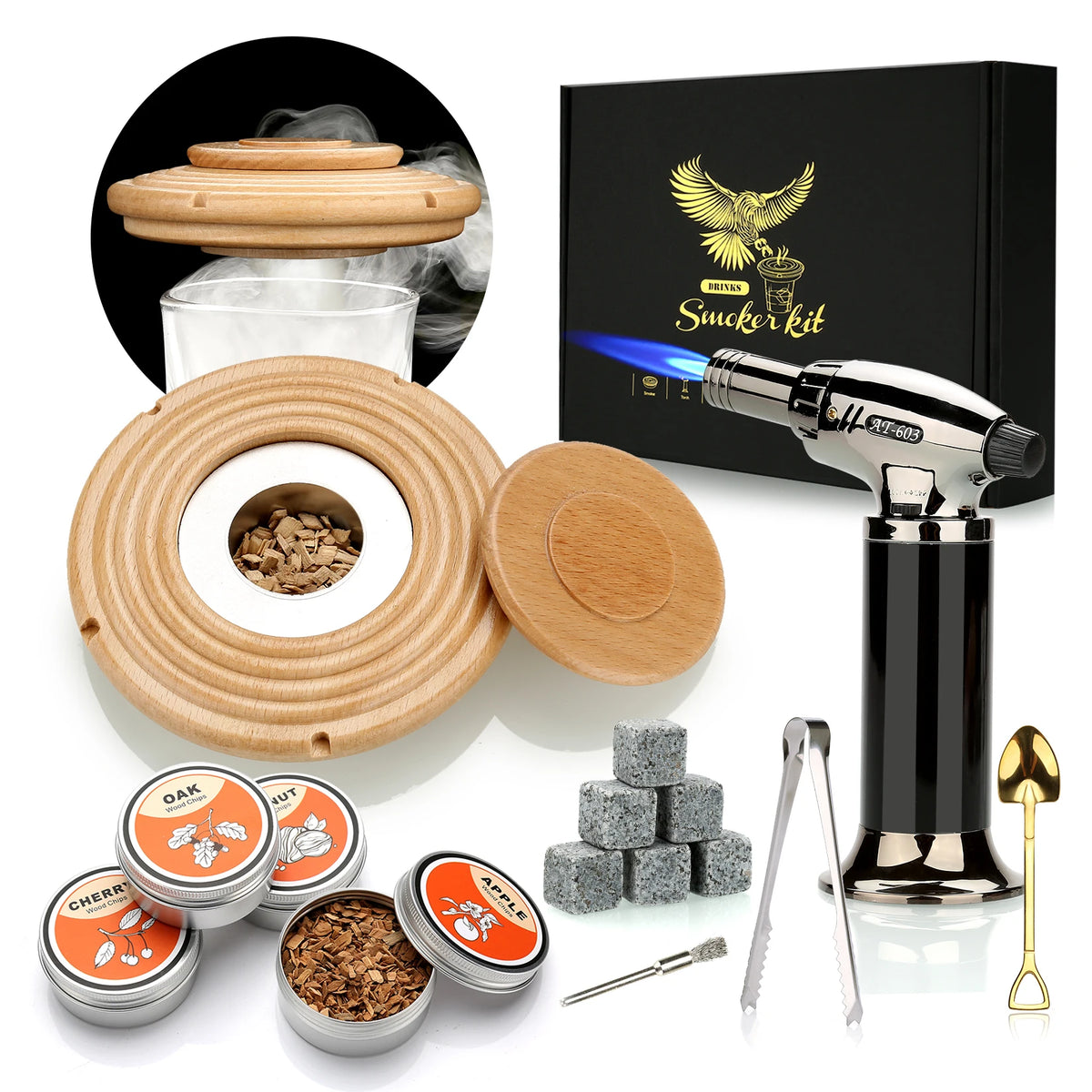 Cocktail Smoker Kit with Torch, Wood Chips, Whiskey Stones & Accessories