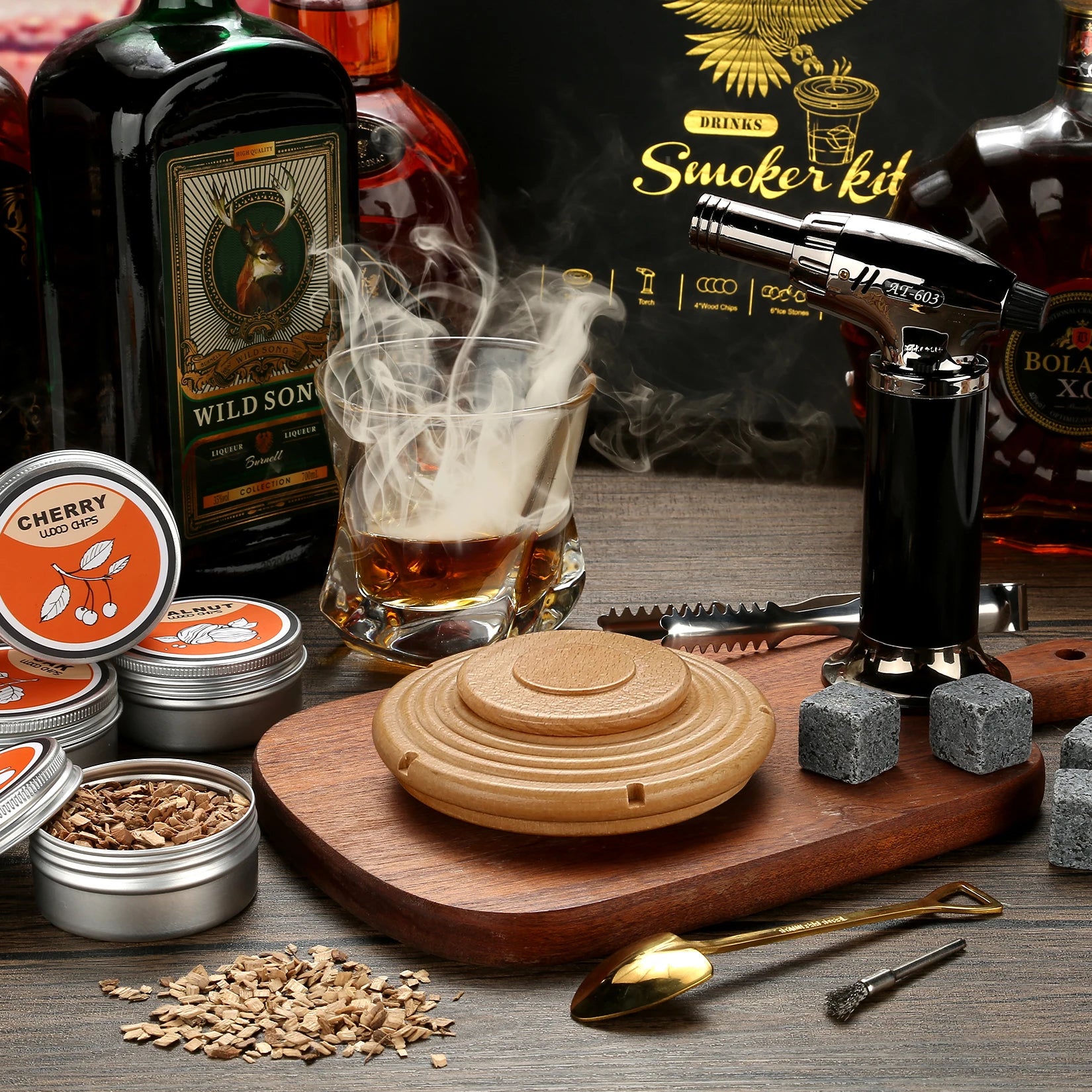 Home bar cocktail smoker kit with natural wood chips
