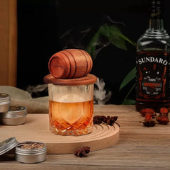 Whiskey Smoker Kit with Wood Chips 6 Flavors showcased with a cocktail glass and wooden barrel design.