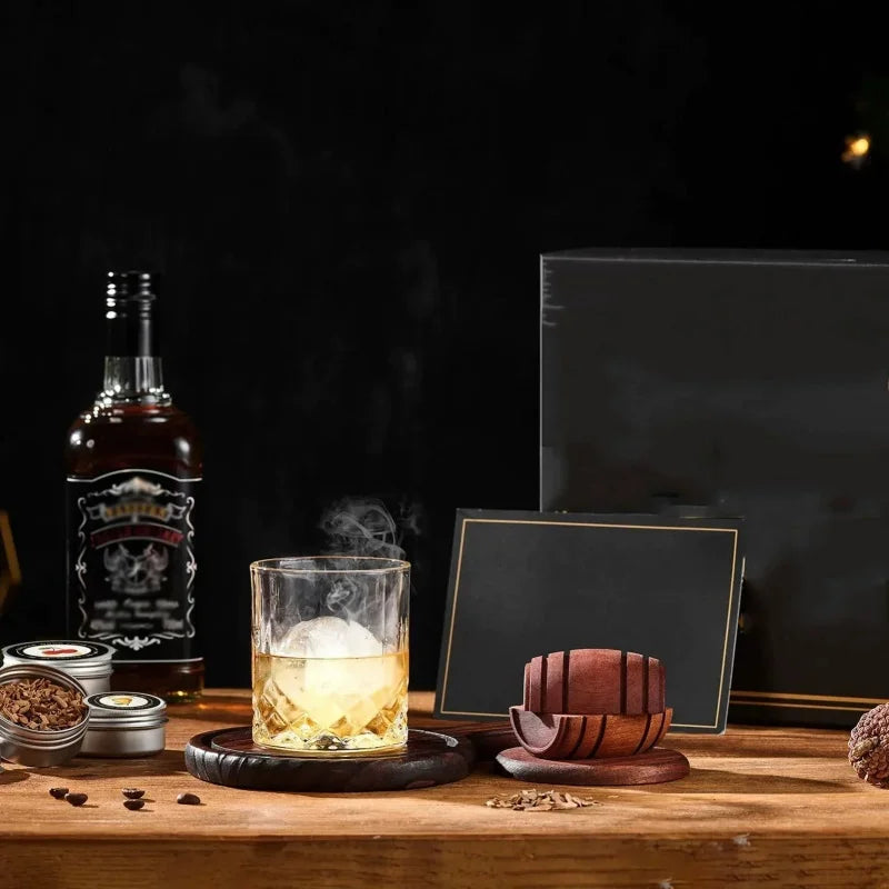 Whiskey Smoker Kit with Wood Chips 6 Flavors displayed with a cocktail glass, whiskey bottle, and wooden holder.