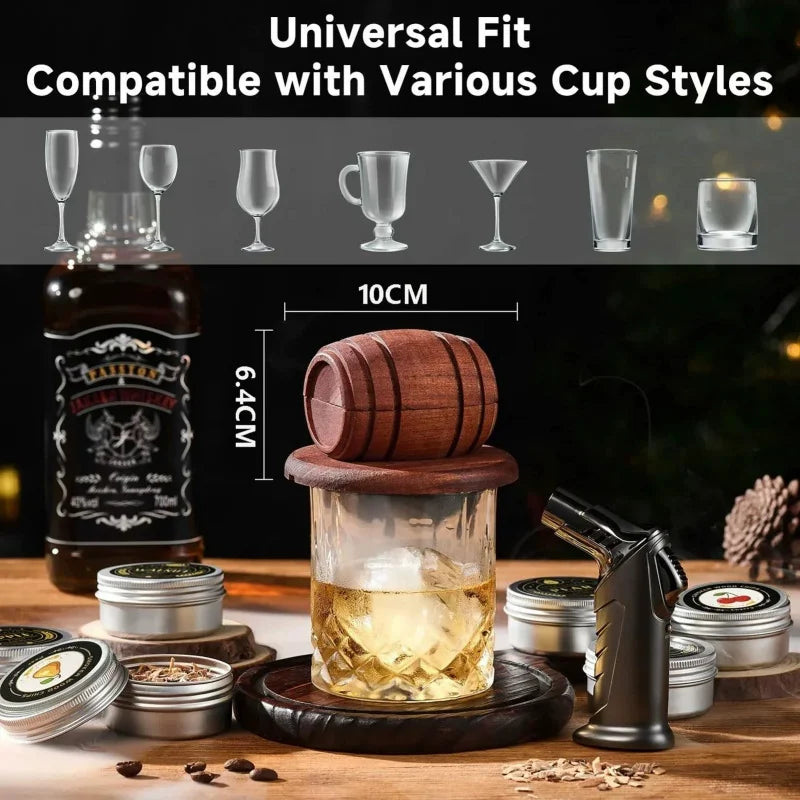 Whiskey Smoker Kit with Wood Chips 6 Flavors showing universal fit for various cup styles and wooden barrel design.