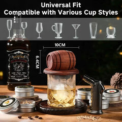 Whiskey Smoker Kit with Wood Chips 6 Flavors showing universal fit for various cup styles and wooden barrel design.