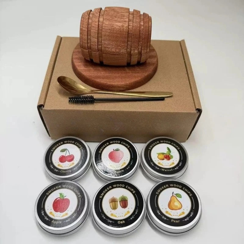 Whiskey Smoker Kit with Wood Chips 6 Flavors, featuring wooden barrel, smoking chips in six flavors.